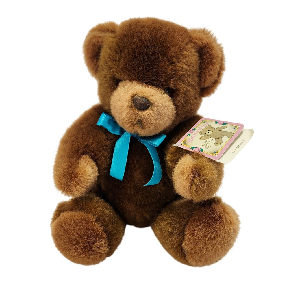 Applause Benedict Teddy Bear 1986 Vintage 5912 Brown Jointed Plush Blue Ribbon